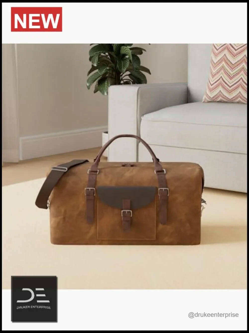 Large Waxed Canvas & Leather Travel Duffel Bag, Carry-on Weekender for Men, 55L